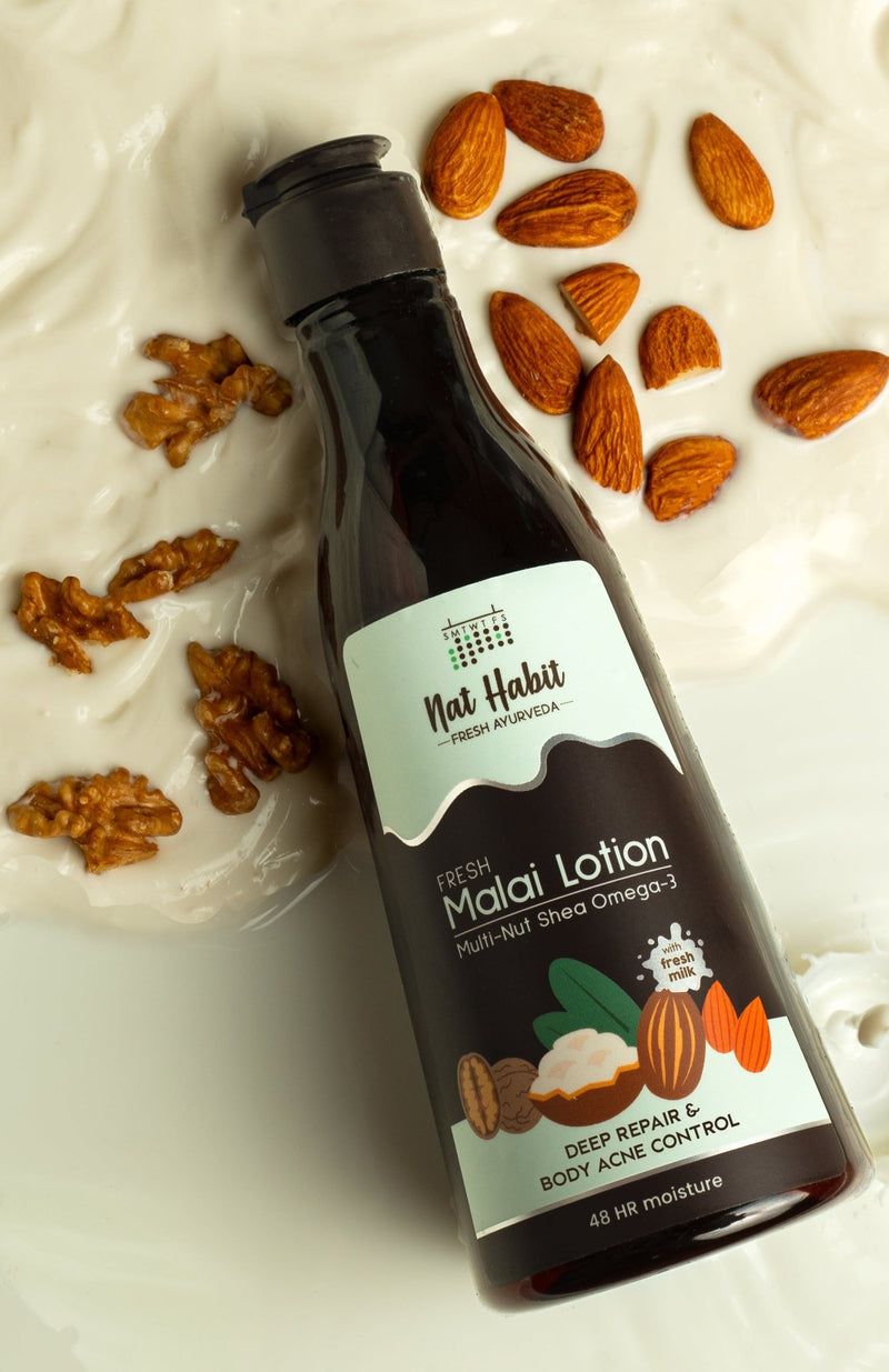 <strong>Multi - Nut Shea Omega - 3 Fresh Malai Lotion</strong> <br><i>deep repair & body acne control | 48 HR moisture</i> - Nat Habit
