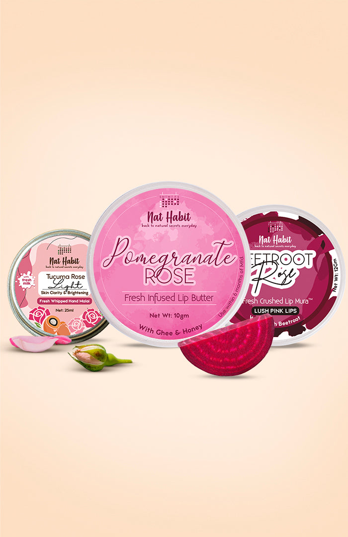 <strong>Beetroot Rose Lip Mura, Pomegranate Rose Lip Butter & Tucuma Rose Hand Malai Combo</strong> <br><i>Combo Pack of 3</i>