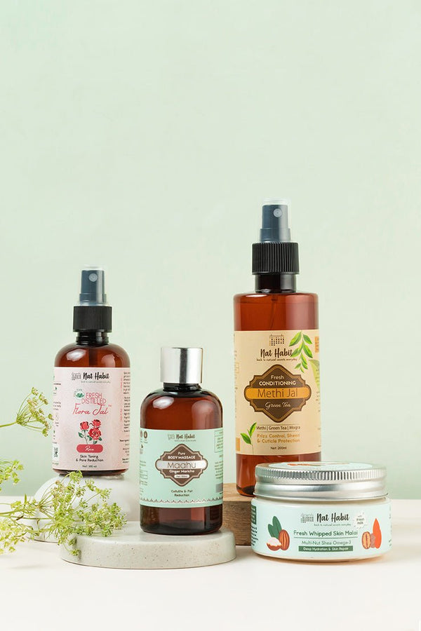4 Piece Essentials Gift Set with Gulab Jal, skin Malai, Methi Jal and Mahu massage oil - Nat Habit