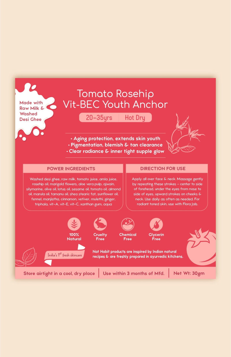 <strong>All-Day Malai - 20-35Yrs - 30g</strong><br><strong>Hot Dry Weather</strong> <br><i>Tomato Rosehip Vit-BEC Youth Anchor</i> - Nat Habit