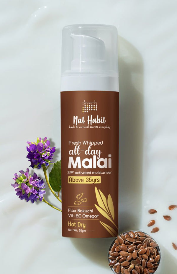 <strong>All-Day Malai - Above 35Yrs - 30g</strong><br><strong>Hot Dry Weather</strong> <br><i>Flax Bakuchi Vit-EC Omega+</i> - Nat Habit