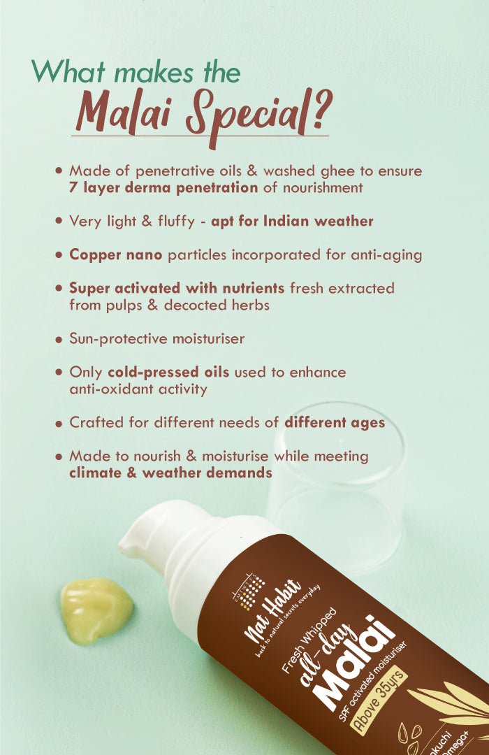 <strong>All-Day Malai - Above 35Yrs - 30g</strong><br><strong>Hot Dry Weather</strong> <br><i>Flax Bakuchi Vit-EC Omega+</i> - Nat Habit