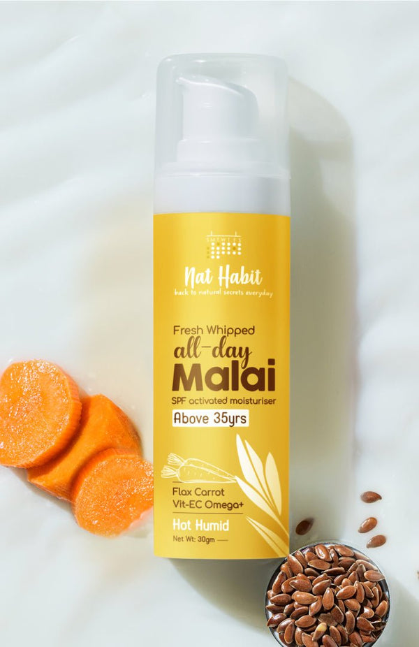 <strong>All-Day Malai - Above 35Yrs - 30g</strong><br><strong>Hot Humid Weather</strong> <br><i>Flax Carrot Vit-EC Omega+</i> - Nat Habit