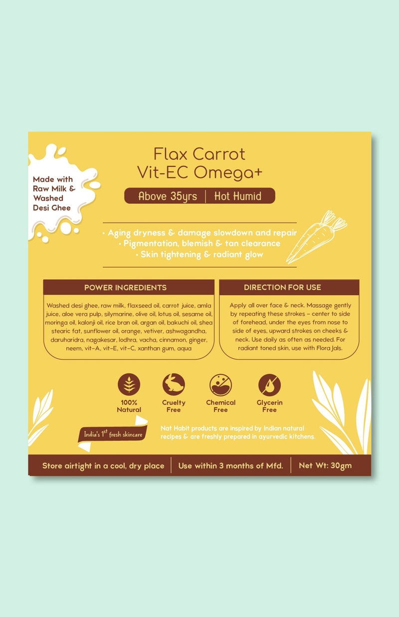 <strong>All-Day Malai - Above 35Yrs - 30g</strong><br><strong>Hot Humid Weather</strong> <br><i>Flax Carrot Vit-EC Omega+</i> - Nat Habit