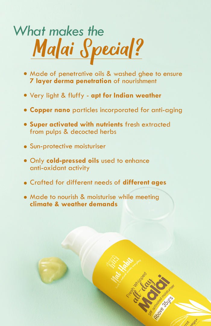 <strong>All-Day Malai - Above 35Yrs - 30g</strong><br><strong>Hot Humid Weather</strong> <br><i>Flax Carrot Vit-EC Omega+</i> - Nat Habit