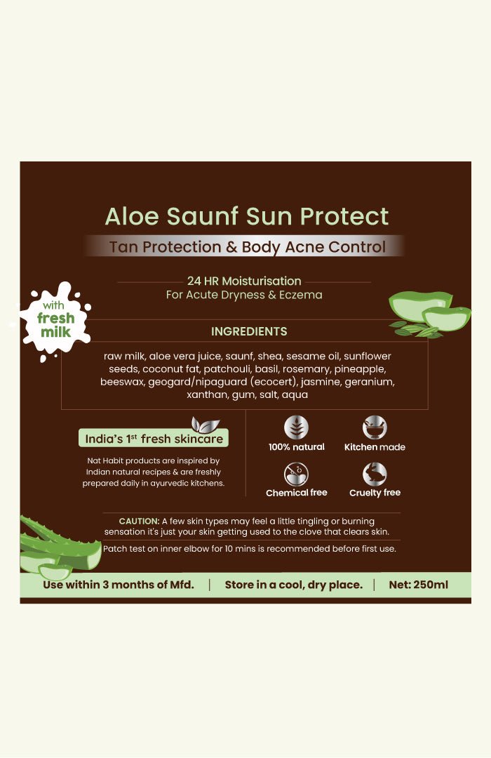 <strong>Aloe Saunf Sun Protect Malai Lotion</strong> <br><i>detan & body acne control<br>for all skin types<br> | 24 HR moisture</i> - Nat Habit