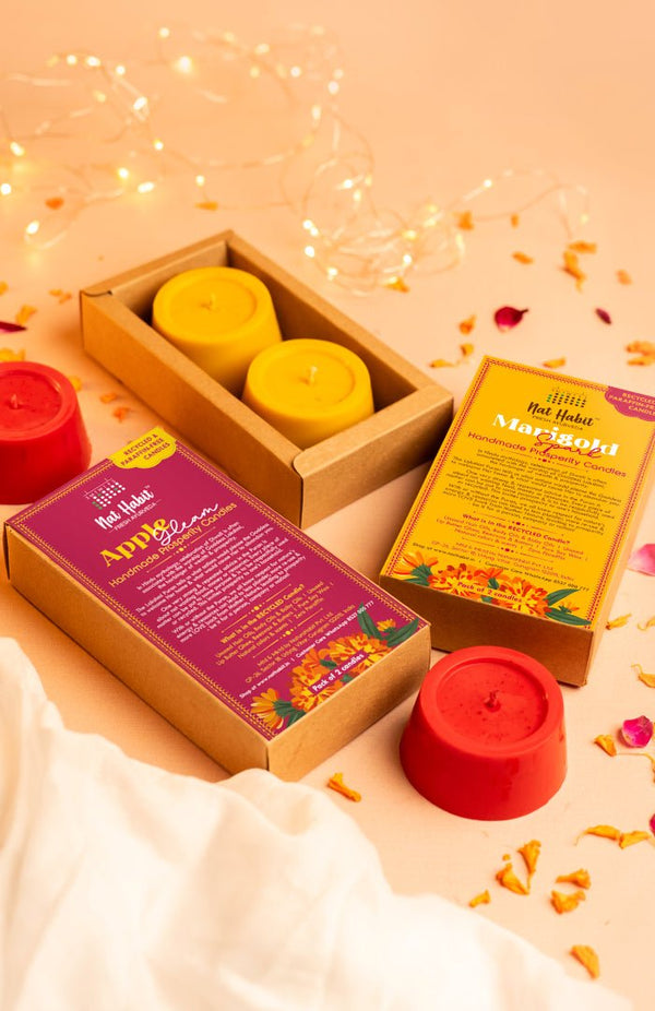 <strong>Apple Gleam & Marigold Spark Prosperity Candles</strong><br>Combo Pack<br><i>Paraffin-free, Recycled, Puja-pure</i></br> - Nat Habit