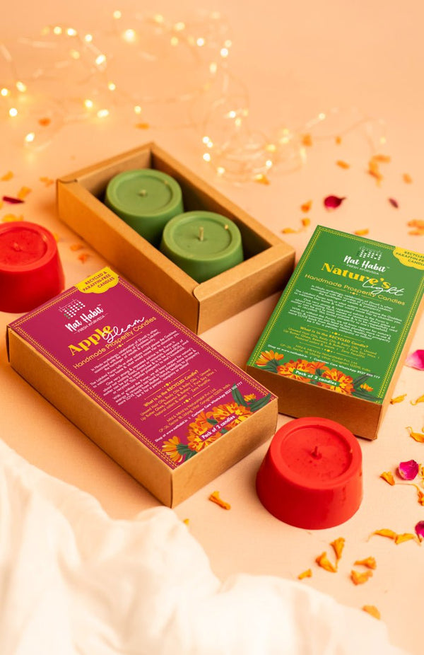 <strong>Apple Gleam & Nature's Light Prosperity Candles</strong><br>Combo Pack<br><i>Paraffin-free, Recycled, Puja-pure</i></br> - Nat Habit
