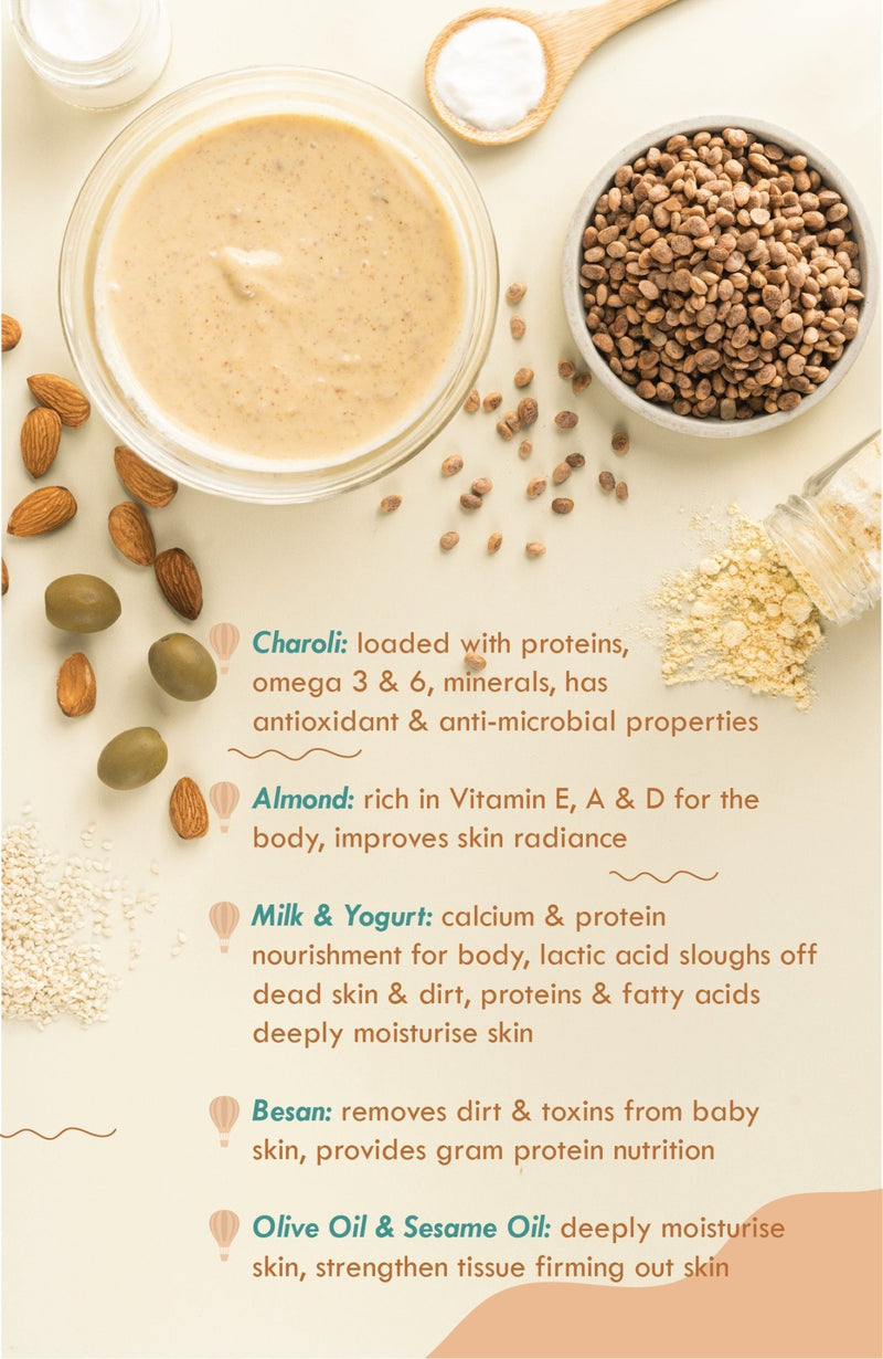 <strong>Baby Daily Ubtan - Charoli Milk Almond - 80g</strong> <br><i>1 - 6 Month Old Baby Cleansing & Nutrition</i> - Nat Habit