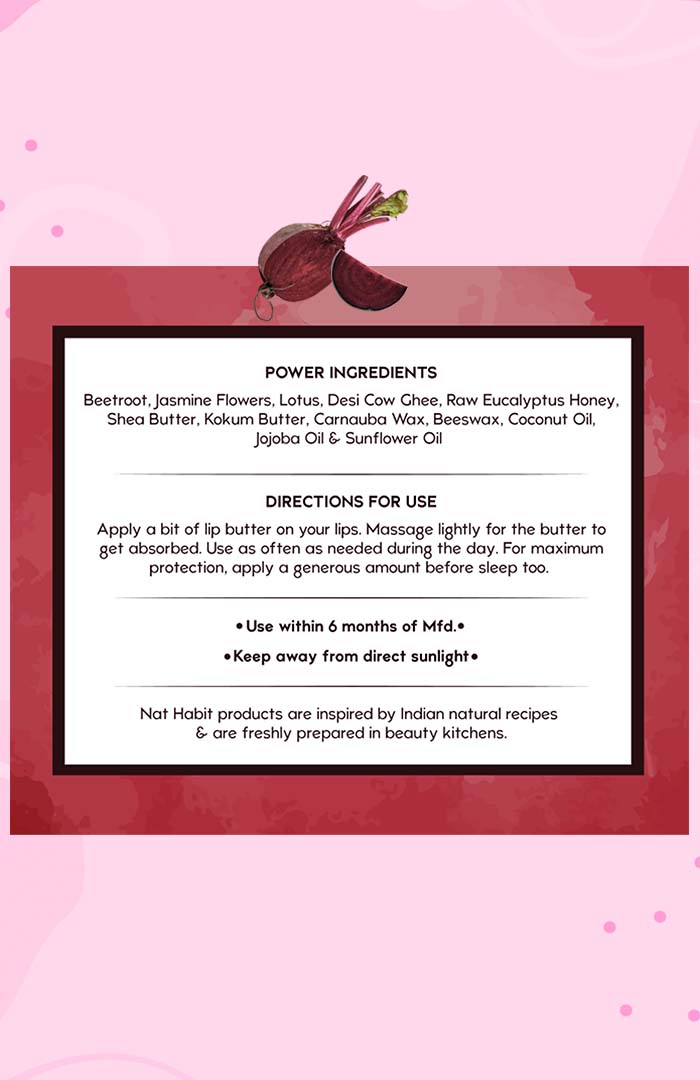 <strong>Beetroot Crush Lip Butter 10g</strong> <br><i>with Fresh Beetroot, Jasmine,<br>Desi Ghee & Raw Honey</i> - Nat Habit