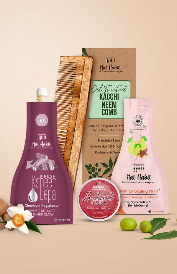 <strong>Beetroot Crush Lip Butter, Dual Tooth Comb, Chandan Nagakesar Lepa & Cinnamon Nashpati Mura Combo</strong> <br><i>Combo Pack of 4</i> - Nat Habit