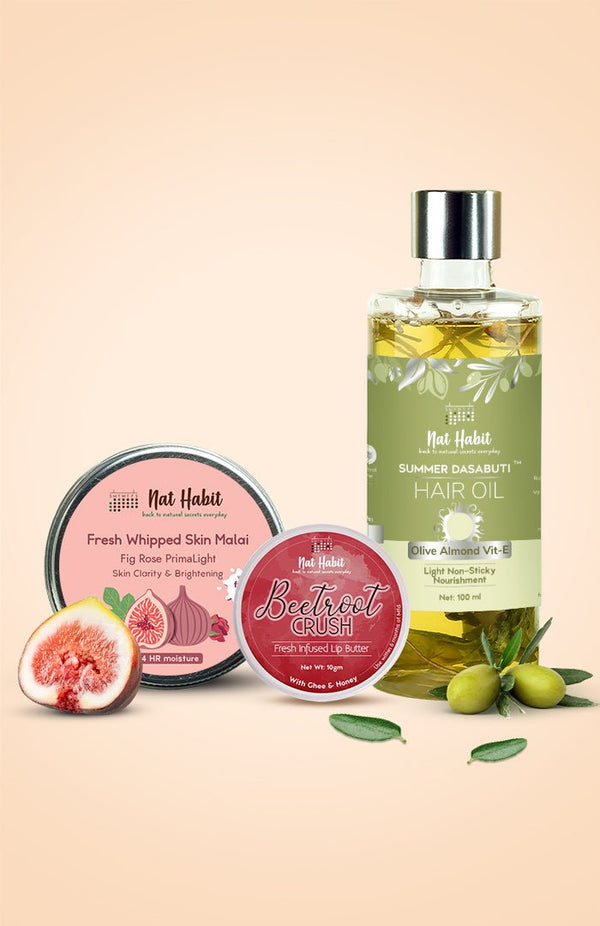<strong>Beetroot Crush Lip Butter, Fig Rose Skin Malai & Olive Almond Hair Oil Combo</strong> <br><i>Combo Pack of 3</i> - Nat Habit