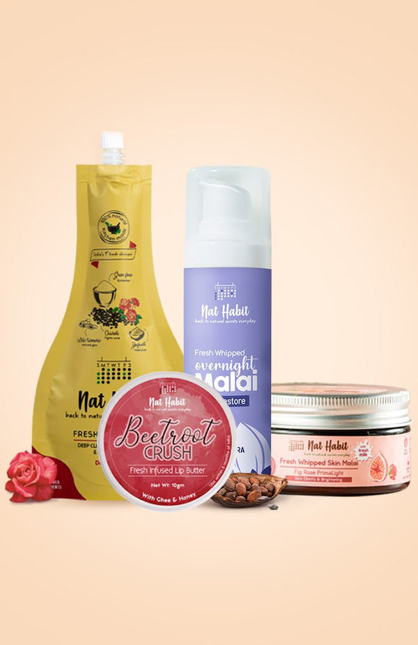 <strong>Beetroot Crush Lip Butter, Fig Rose Skin Malai, Overnight Face Malai & Delicate Rose Ubtan Combo</strong> <br><i>Combo Pack of 4</i> - Nat Habit
