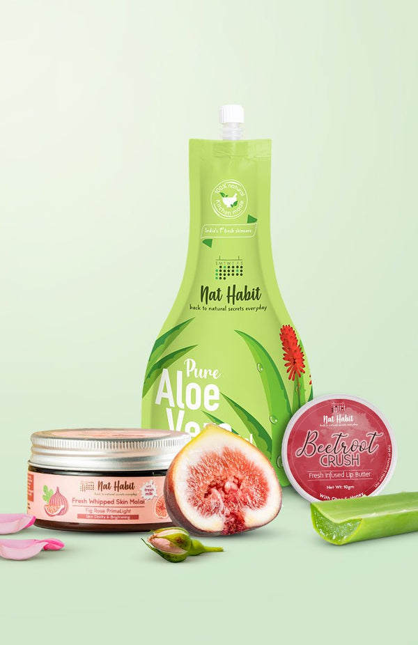<strong>Beetroot Crush Lip Butter, Fig Rose Skin Malai & Pure Aloe Gel Combo</strong> <br><i>Combo Pack of 3</i> - Nat Habit