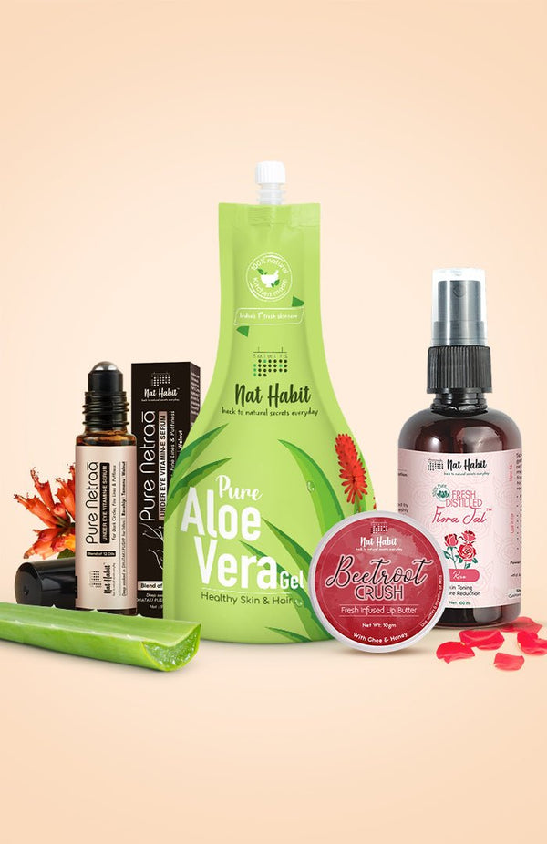 <strong>Beetroot Crush Lip Butter, Pure Aloe Gel, Pure Gulab Jal & Pure Netraa Combo</strong> <br><i>Combo Pack of 4</i> - Nat Habit