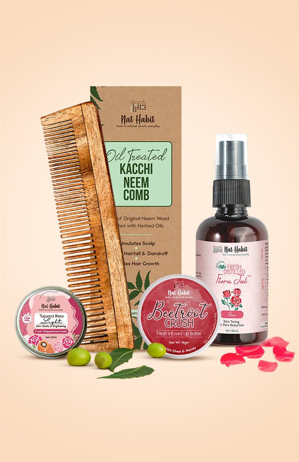 <strong>Beetroot Crush Lip Butter, Tucuma Rose Hand Malai, Pure Gulab Flora Jal & Dual Tooth Comb Combo</strong> <br><i>Combo Pack of 4</i> - Nat Habit