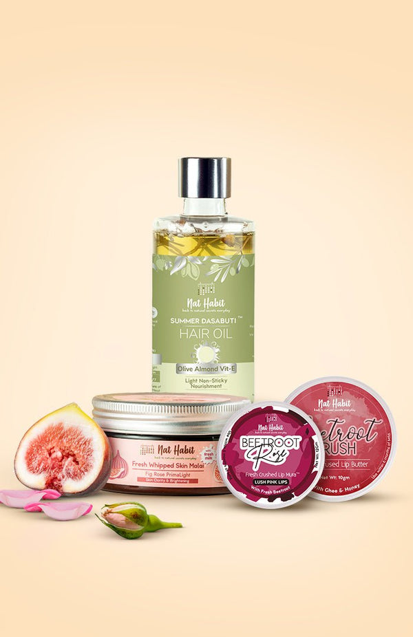 <strong>Beetroot Rose Lip Mura, Beetroot Crush Lip Butter, Fig Rose Skin Malai & Olive Almond Hair Oil Combo</strong> <br><i>Combo Pack of 4</i> - Nat Habit