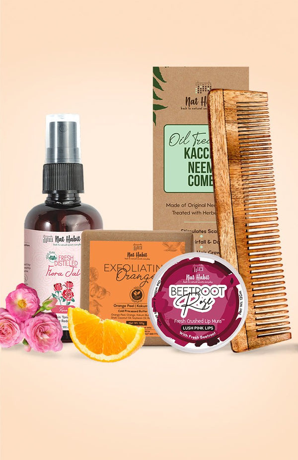 <strong>Beetroot Rose Lip Mura, Exfoliating Orange Soap, Pure Gulab Jal & Dual Tooth Comb Combo</strong> <br><i>Combo Pack of 4</i> - Nat Habit