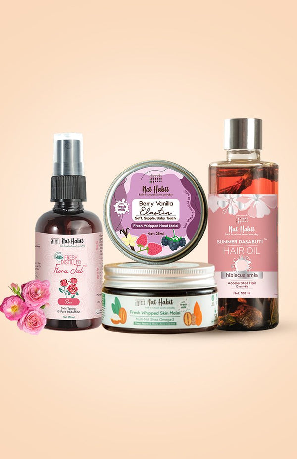 <strong>Berry Vanilla Hand Malai, Hibiscus Amla Hair Oil, Pure Gulab Jal & Multi Nut Skin Malai Combo</strong> <br><i>Combo Pack of 4</i> - Nat Habit
