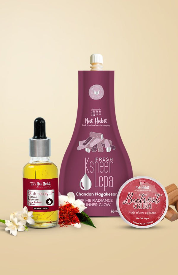 <strong>Chandan Nagakesar Lepa, Beetroot Crush Lip Butter & Saffron Tuberose Mukhalaya Combo</strong> <br><i>Combo Pack of 3</i> - Nat Habit