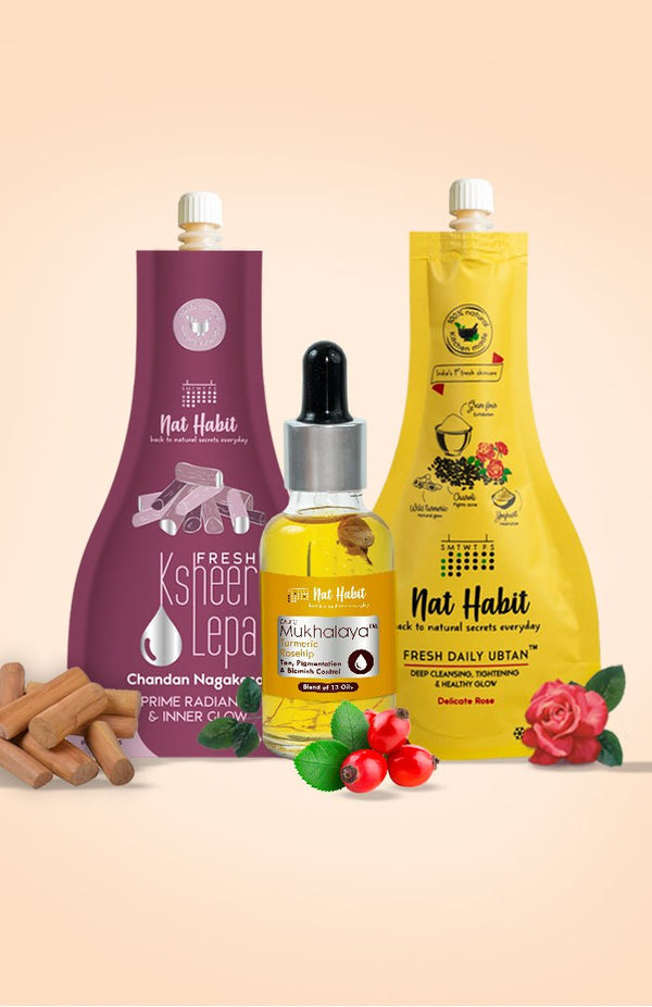 <strong>Chandan Nagakesar Lepa, Delicate Rose Ubtan, & Turmeric Rosehip Mukhalaya Combo</strong> <br><i>Combo Pack of 3</i> - Nat Habit