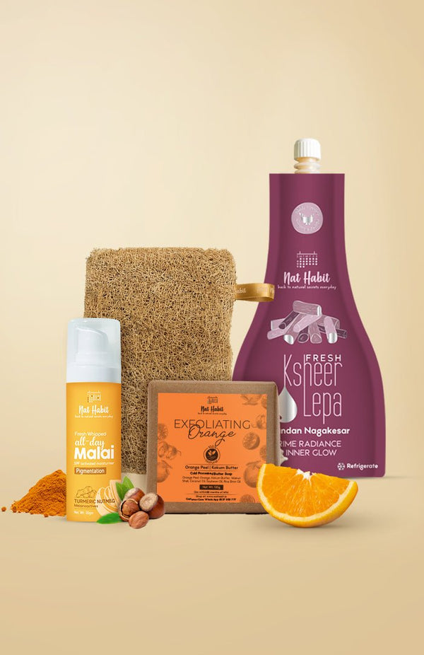 <strong>Chandan Nagakesar Lepa, Exfoliating Orange Soap, Loofah & Pigmentation Face Malai Combo</strong> <br><i>Combo Pack of 4</i> - Nat Habit