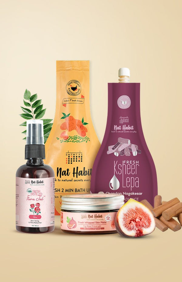 <strong>Chandan Nagakesar Lepa, Fig Rose Skin Malai, Pure Gulab Jal & Wild Turmeric Bath Ubtan Combo</strong> <br><i>Combo Pack of 4</i> - Nat Habit