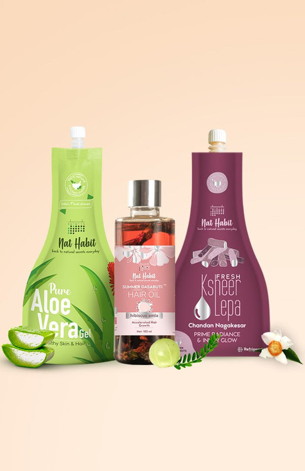 <strong>Chandan Nagakesar Lepa, Pure Aloe Gel, & Hibiscus Hair Oil</strong> <br><i>Combo Pack of 3</i> - Nat Habit