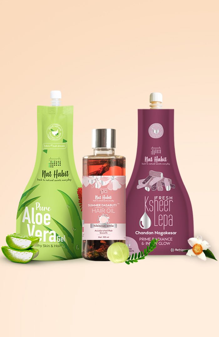<strong>Chandan Nagakesar Lepa, Pure Aloe Gel, & Hibiscus Hair Oil</strong> <br><i>Combo Pack of 3</i> - Nat Habit