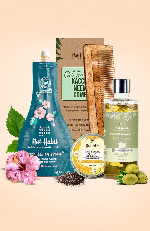 <strong>Chia Banana Hand Malai, Five Oil Hibiscus NutriMask, Dual Tooth Comb & Olive Almond Hair Oil Combo</strong> <br><i>Combo Pack of 4</i> - Nat Habit