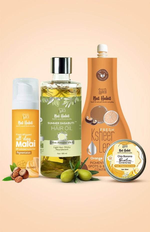 <strong>Chia Banana Hand Malai, Orange Kalonji Lepa, Pigmentation Face Malai & Olive Almond Hair Oil Combo</strong> <br><i>Combo Pack of 4</i> - Nat Habit