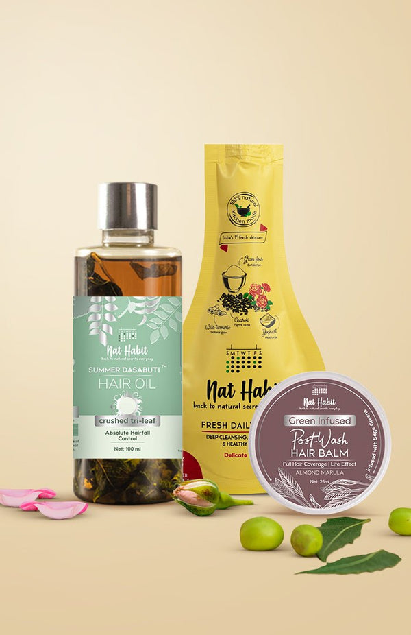 <strong>Crushed Tri Leaf Hair Oil, Almond Marula Hair Balm & Delicate Rose Ubtan Combo</strong> <br><i>Combo Pack of 3</i> - Nat Habit