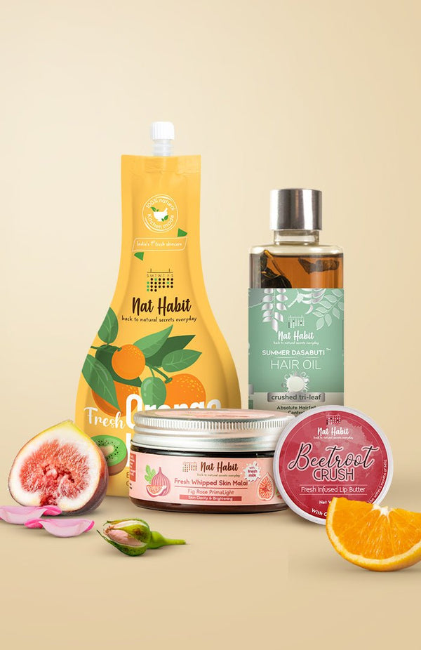 <strong>Crushed Tri Leaf Hair Oil, Orange Kiwi Vit-C Hydrating Gel, Beetroot Lip Butter & Fig Rose Skin Malai Combo </strong> <br><i>Combo Pack of 4</i> - Nat Habit