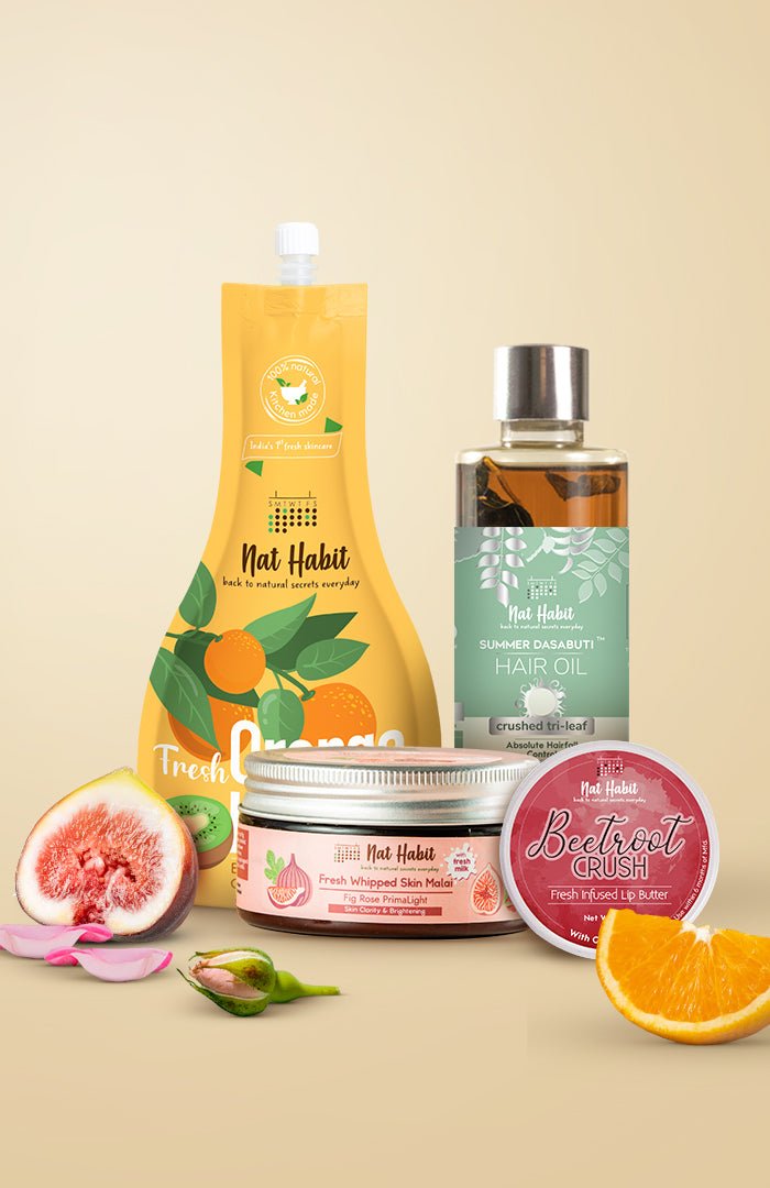 <strong>Crushed Tri Leaf Hair Oil, Orange Kiwi Vit-C Hydrating Gel, Beetroot Lip Butter & Fig Rose Skin Malai Combo </strong> <br><i>Combo Pack of 4</i> - Nat Habit
