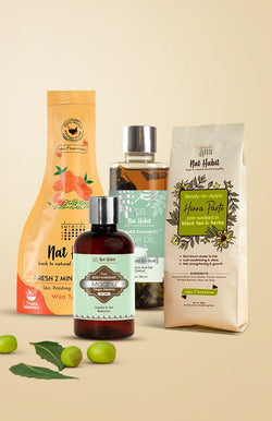 <strong>Crushed Tri Leaf Hair Oil, Wild Turmeric Bath Ubtan, Henna & Ginger Maricha Maahu Combo </strong> <br><i>Combo Pack of 4</i> - Nat Habit