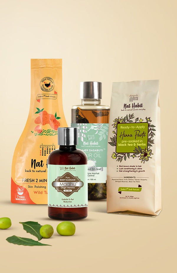 <strong>Crushed Tri Leaf Hair Oil, Wild Turmeric Bath Ubtan, Henna & Ginger Maricha Maahu Combo </strong> <br><i>Combo Pack of 4</i> - Nat Habit