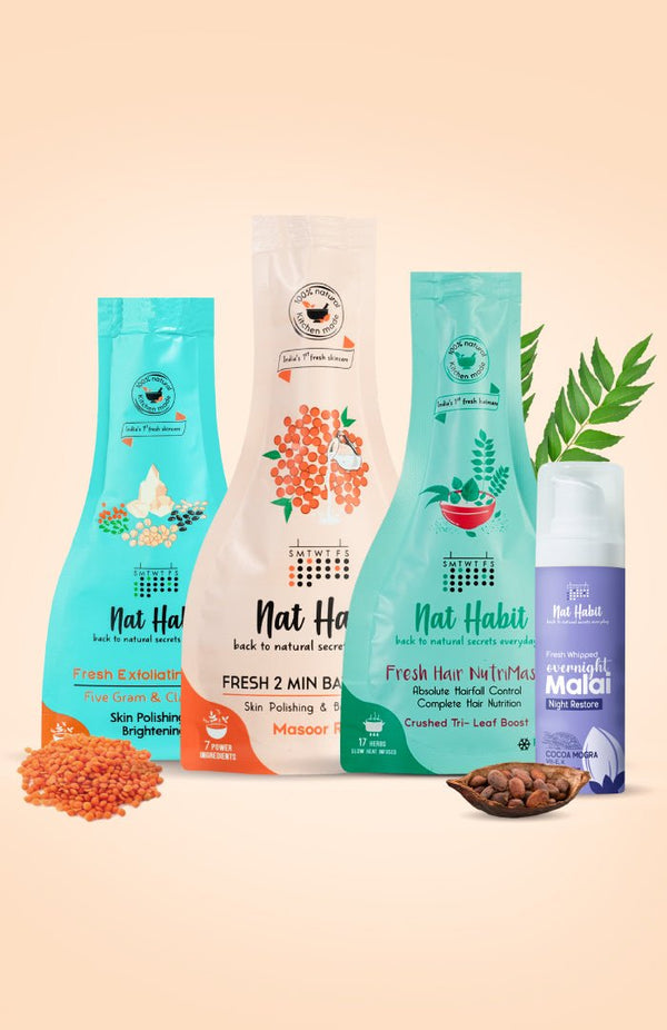 <strong>Crushed Tri Leaf NutriMask, Overnight Face Malai, Masoor Rub Bath Ubtan & Five Gram & Clay Fuse Mura Combo</strong> <br><i>Combo Pack of 4</i> - Nat Habit