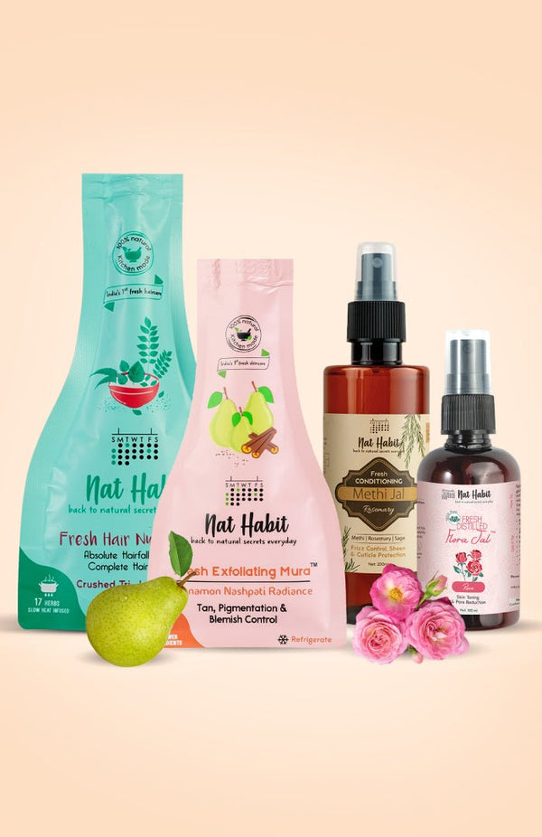 <strong>Crushed Tri Leaf NutriMask, Pure Gulab Jal, Rosemary Methi Jal & Cinnamon Nashpati Mura Combo</strong> <br><i>Combo Pack of 4</i> - Nat Habit
