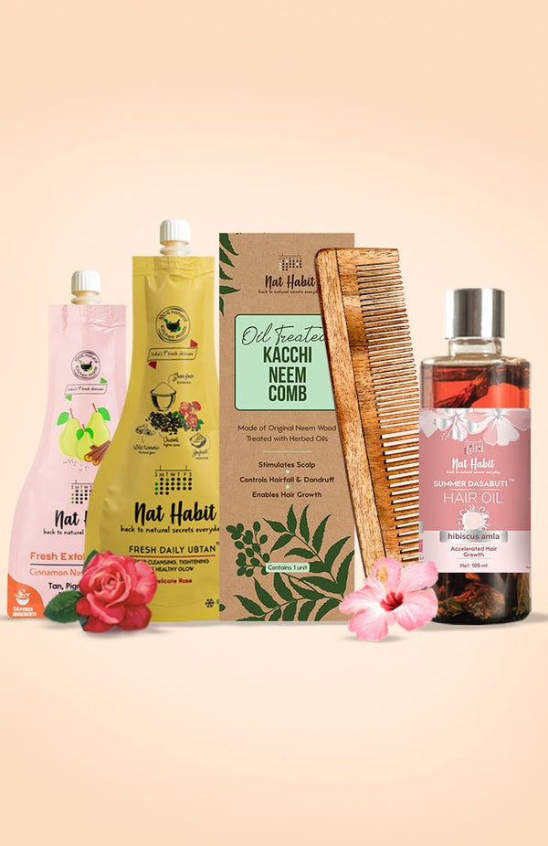 <strong>Delicate Rose Ubtan, Dual Tooth Comb, Hibiscus Hair Oil & Cinnamon Nashpati Mura Combo</strong> <br><i>Combo Pack of 4</i> - Nat Habit