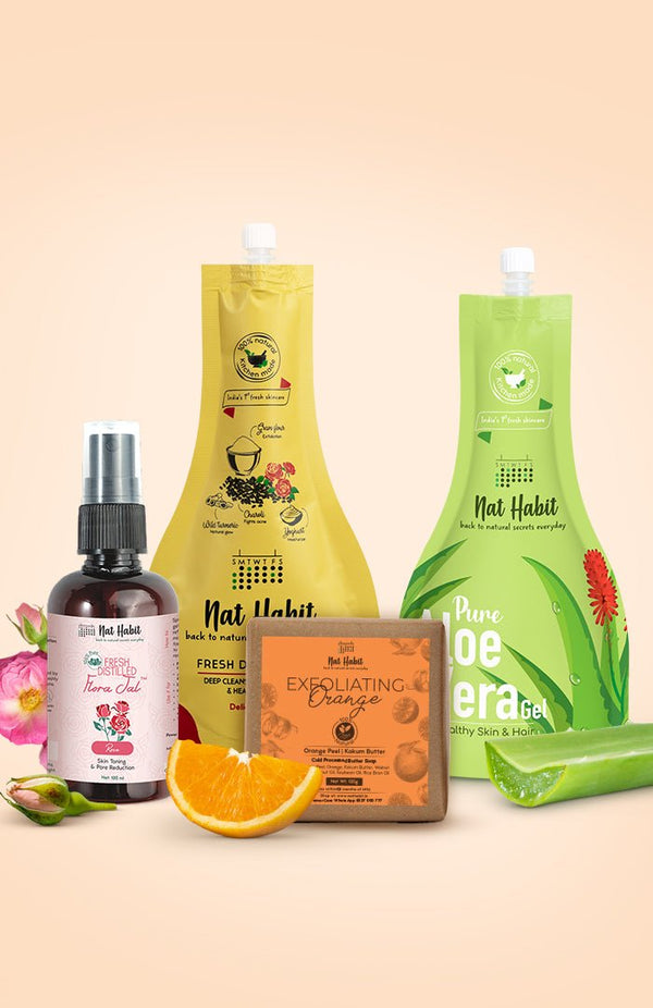 <strong>Delicate Rose Ubtan, Exfoliating Orange Soap, Pure Gulab Jal, & Pure Aloe Gel Combo</strong> <br><i>Combo Pack of 4</i> - Nat Habit