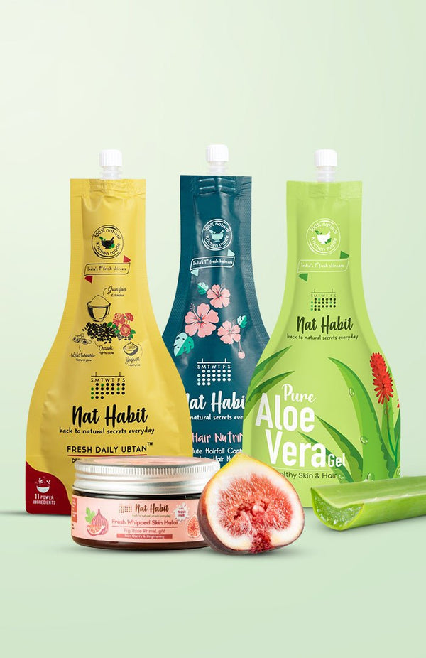 <strong>Delicate Rose Ubtan, Fig Rose Skin Malai, Five Oil Hibiscus NutriMask & Pure Aloe Gel Combo</strong> <br><i>Combo Pack of 4</i> - Nat Habit