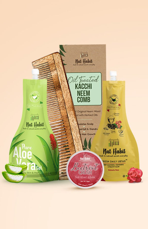 <strong>Delicate Rose Ubtan, Pure Aloe Gel, Beetroot Crush Lip Butter & Dual Tooth Comb Combo</strong> <br><i>Combo Pack of 4</i> - Nat Habit