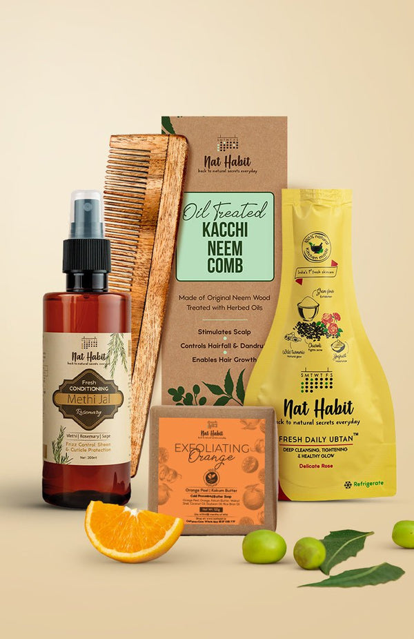 <strong>Dual Tooth Comb, Exfoliating Orange Soap, Rosemary Methi Jal & Delicate Rose Ubtan Combo</strong> <br><i>Combo Pack of 4</i> - Nat Habit