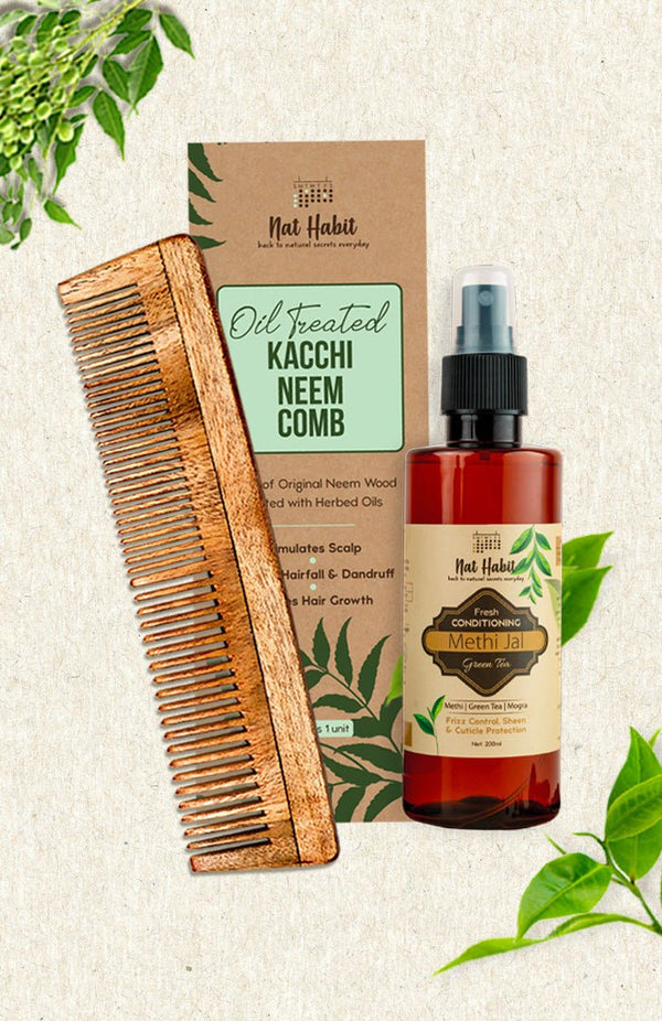 <strong>Dual Tooth Comb & Green Tea Methi Jal</strong> <br><i>Combo for Frizz Control</i> - Nat Habit