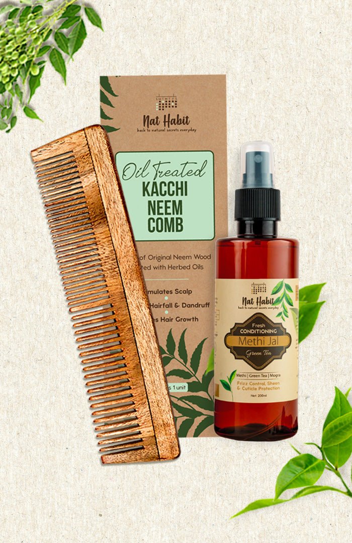 <strong>Dual Tooth Comb & Green Tea Methi Jal</strong> <br><i>Combo for Frizz Control</i> - Nat Habit