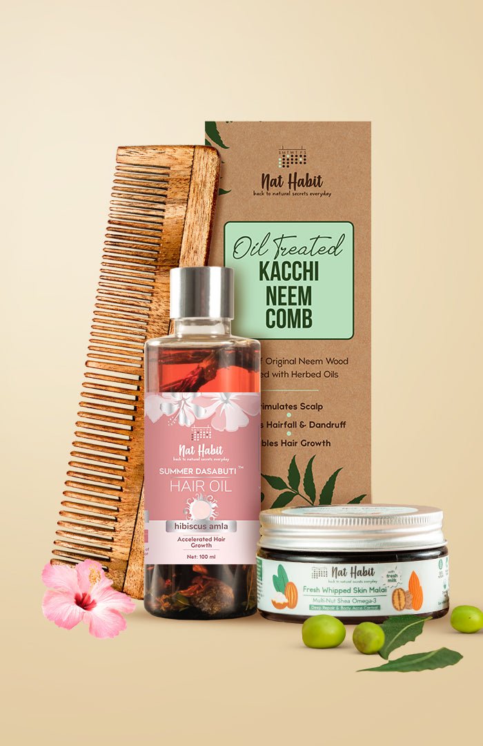 <strong>Dual Tooth Comb, Hibiscus Amla Hair Oil & Multi Nut Skin Malai Combo</strong> <br><i>Combo Pack of 3</i> - Nat Habit