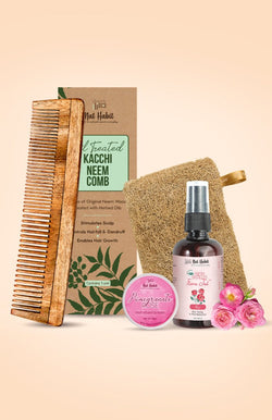 <strong>Dual Tooth Comb, Loofah, Pomegranate Rose Lip Buttter & Pure Gulab Jal Combo</strong> <br><i>Combo Pack of 4</i> - Nat Habit