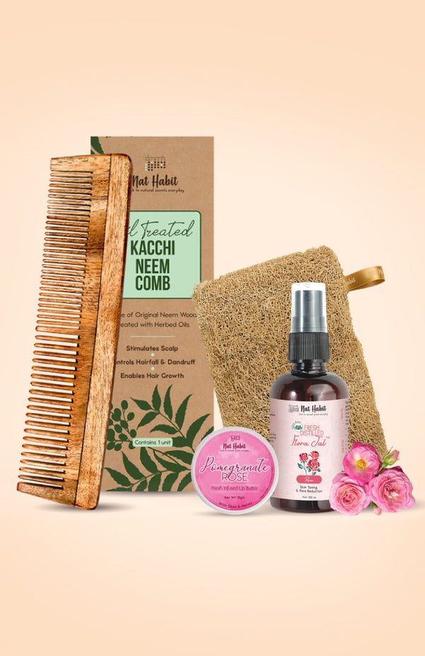 <strong>Dual Tooth Comb, Loofah, Pomegranate Rose Lip Buttter & Pure Gulab Jal Combo</strong> <br><i>Combo Pack of 4</i> - Nat Habit