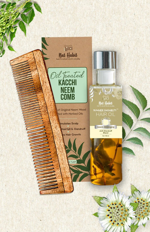 <strong>Dual Tooth Comb & Neem Bhringraj DASABUTI Hair Oil</strong> <br><i>Combo for Dandruff Control</i> - Nat Habit