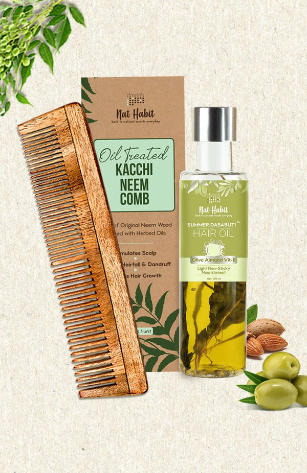 <strong>Dual Tooth Comb & Olive Almond DASABUTI Hair Oil</strong> <br><i>Combo for Lite Oil Care</i> - Nat Habit